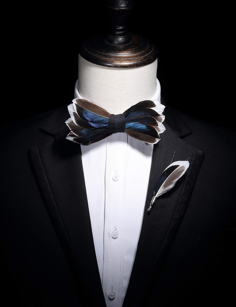 RBOCOTT Mens Handmade Feather Pre-tied Navy Bow tie and Brooch Sets (navy blue/brown) - Image 3